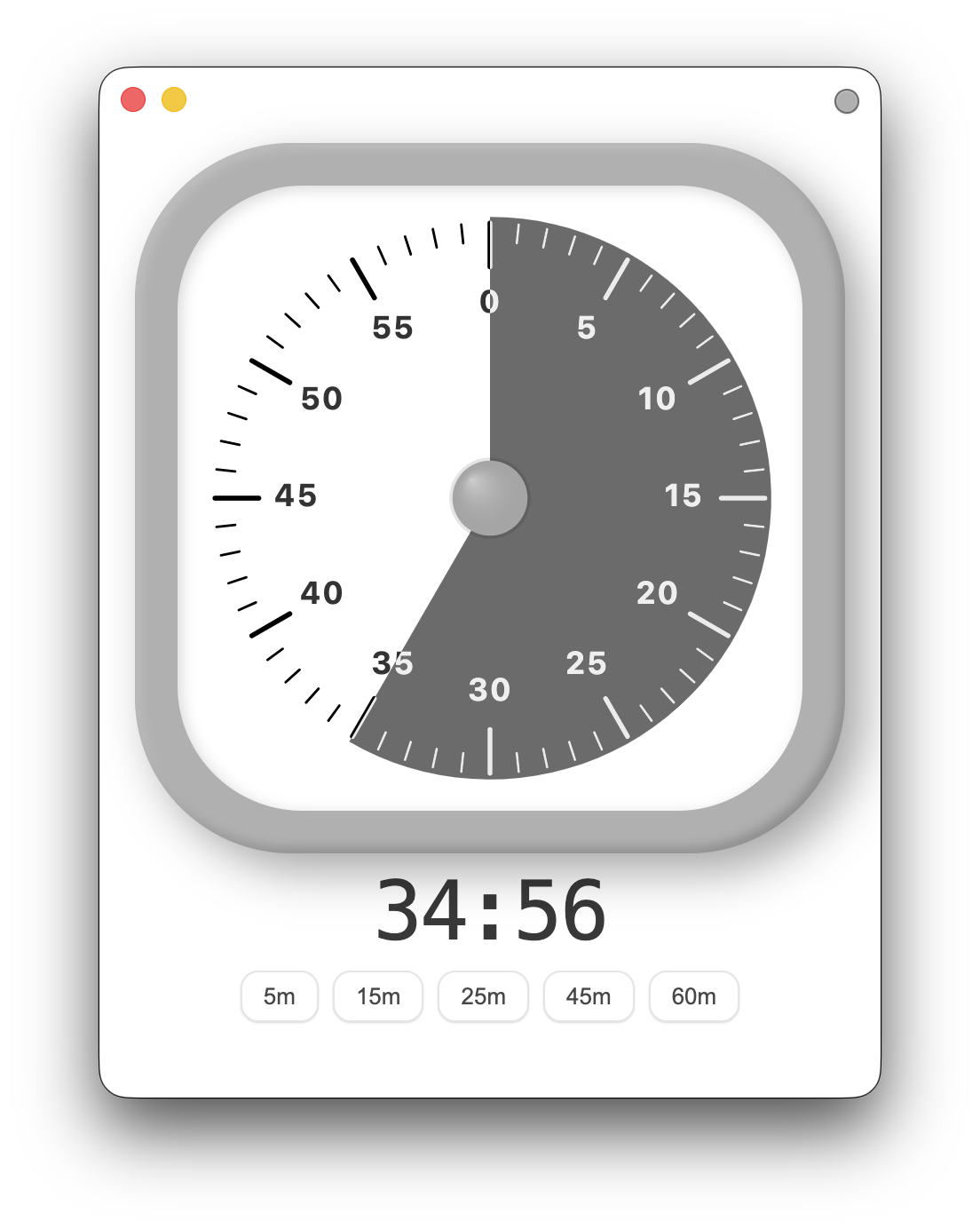 Timer interface showing presets and digital display toggle options